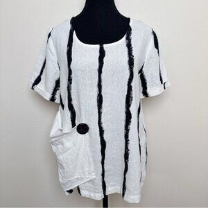 Compli K Womens Small Linen Striped Short Sleeve Lagenlook Patch Pocket Top